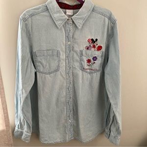 Vintage Disney Mickey Minnie Mouse denim cotton shirt button up large top